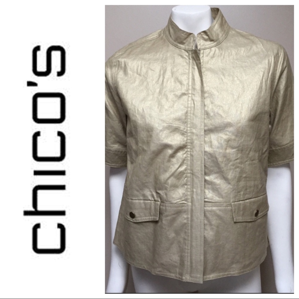 CHICO'S Catalin Gold Metallic Linen Jacket 1 or M